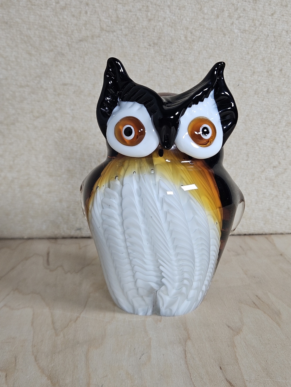 Murano Style Hand Blown Art Glass Owl Figurine Amber Black White Heavy 5.75"